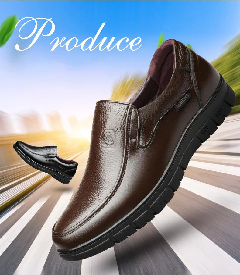 Genuine Leather Casual Shoes for Men – Flat Platform Walking Loafers, Breathable Handmade Outdoor Sneakers