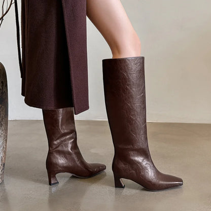 Women’s Genuine Leather Knee-High Boots – 5.5cm Thin Heel, Square Toe Slip-On Autumn Long Boots