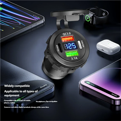 Car USB Fast Charger PD3.0 QC3.0 12/24V Socket with Voltmeter & On/Off Switch, Motorcycle Boat Auto Charging Adapter Accessory