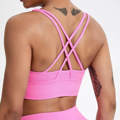 Push-Up Sports Bra for Women – Cross Back Yoga Crop Top, Shockproof Gym Fitness Bra for Running & Workout