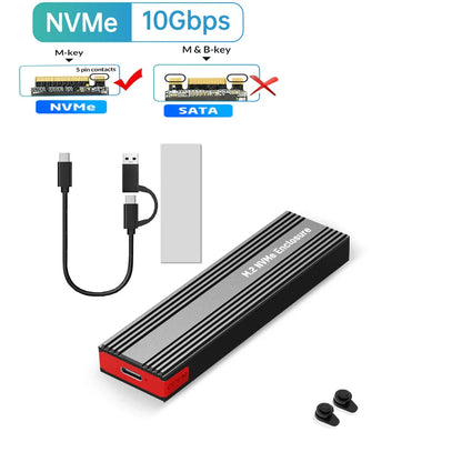 M2 NVMe SSD Enclosure – 10Gbps PCIe SSD Case, Portable USB-C 3.2 Gen2 Adapter with Heat Sink Pad, Tool-Free External Box for M.2 SSD