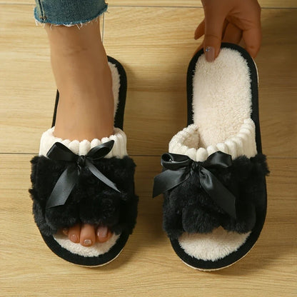 Plush Bow Slippers - Warm Fluffy Indoor Home Slides for Women & Men