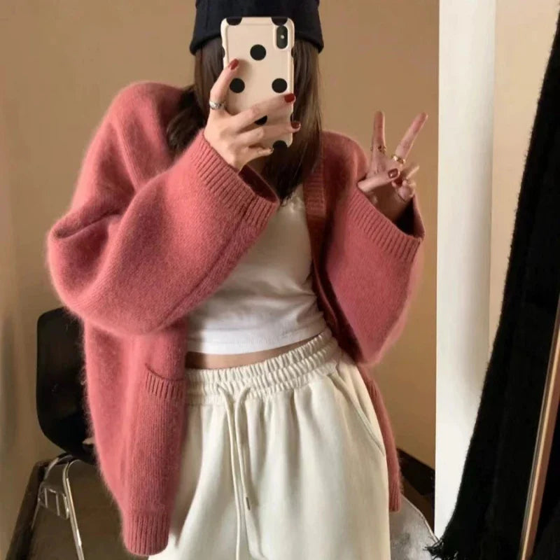 Korean Black V-Neck Knitted Cardigan – Single-Breasted Long Sleeve Loose Casual Women’s Sweater