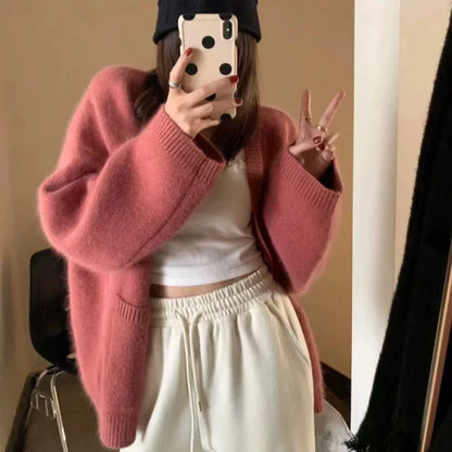 Korean Black V-Neck Knitted Cardigan – Single-Breasted Long Sleeve Loose Casual Women’s Sweater