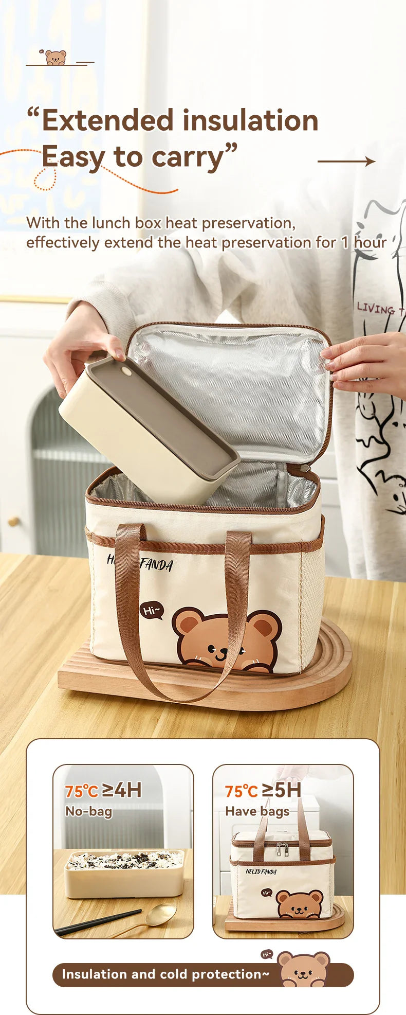 WORTHBUY Cute Thermal Lunch Bag – Large Capacity Insulated, Waterproof & Portable Picnic Cooler for Students