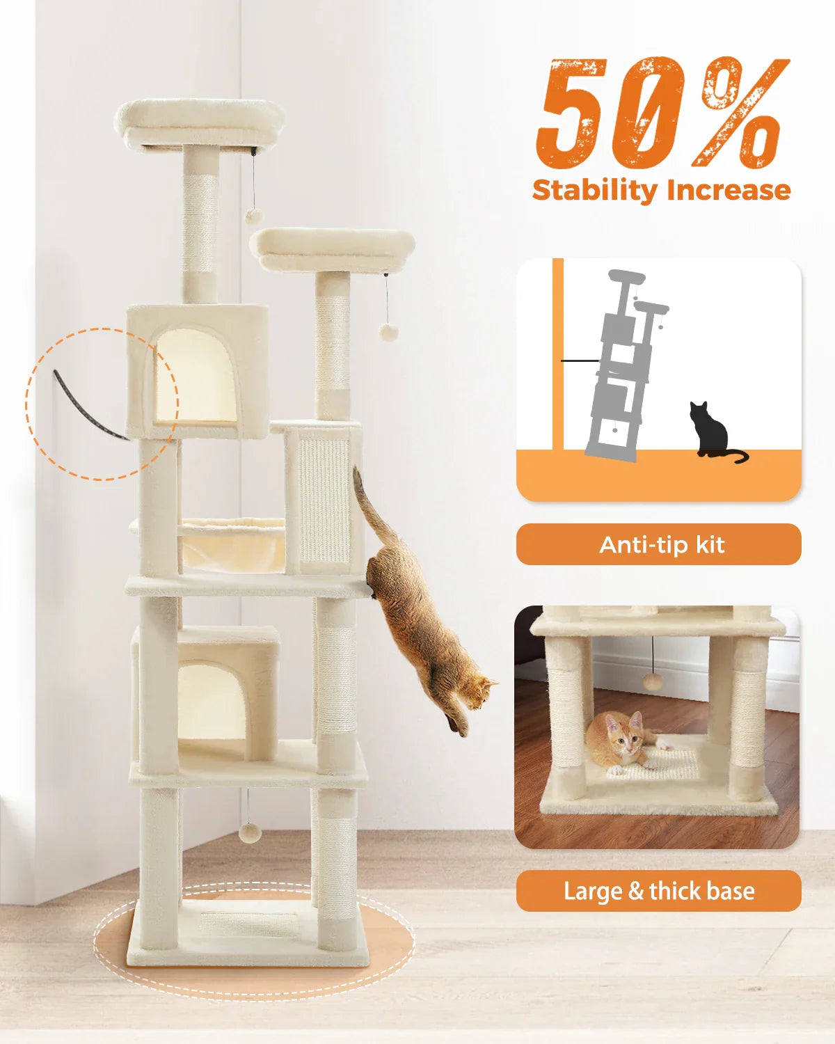 Large Cat Tree Tower – Multi-Level Plush Indoor Cat Condo with Scratching Posts, Boards, Perches & Caves