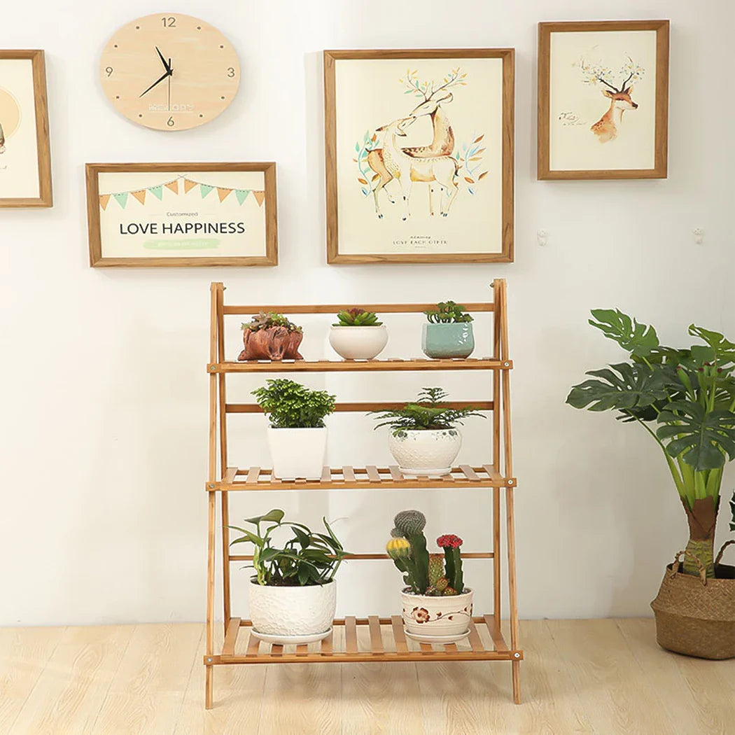 3-Tier Foldable Bamboo Plant Stand Indoor Outdoor Planter Display Shelf Organizer
