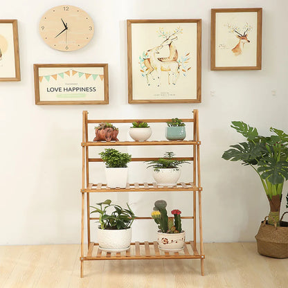 3-Tier Foldable Bamboo Plant Stand Indoor Outdoor Planter Display Shelf Organizer