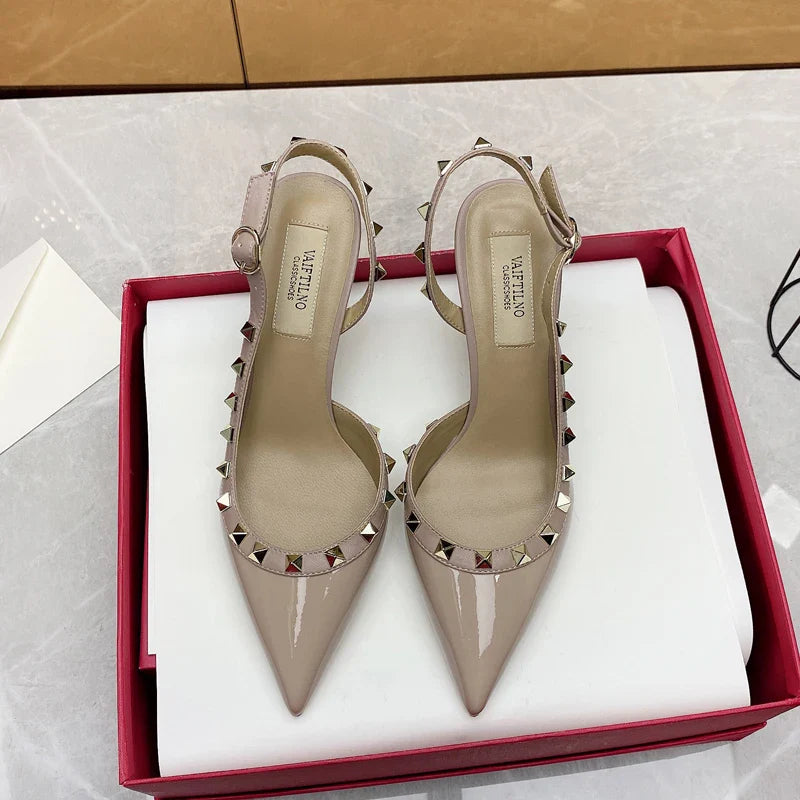 Women’s 2025 Luxury High Heel Sandals – Metal Rivet Gladiator Pointed Toe Stiletto Summer Party Shoes