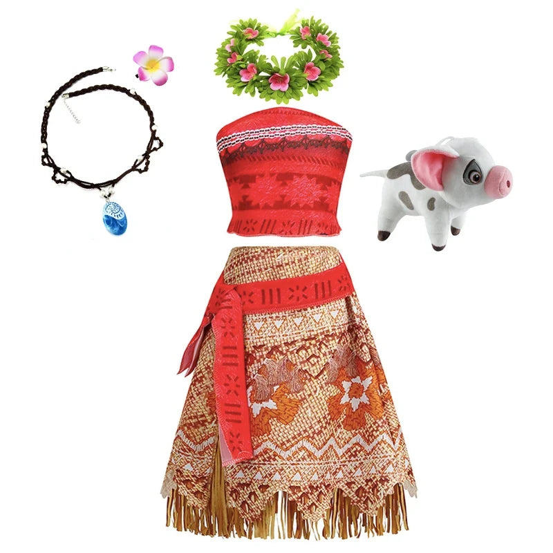 Disney Moana Princess Dress Costume Set - Kids Girls Vaiana Cosplay with Headwear, Necklace & Pet Accessories