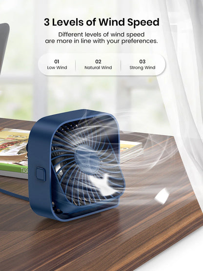 TOPK Mini Portable USB Desk Fan - Strong Airflow, Quiet Operation, 3 Speeds, 360° Rotatable, Standing Fans for Home Rooms