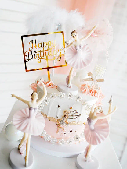 Ballerina Girl Cake Decoration - Pink White Hairball Balloon Cake Toppers for Wedding Birthday Party Decor - Kids' Favor for Baking