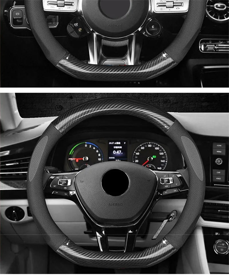 Universal Carbon Fiber Leather Steering Wheel Cover — 3D Anti-Slip, Stylish Car Accessory