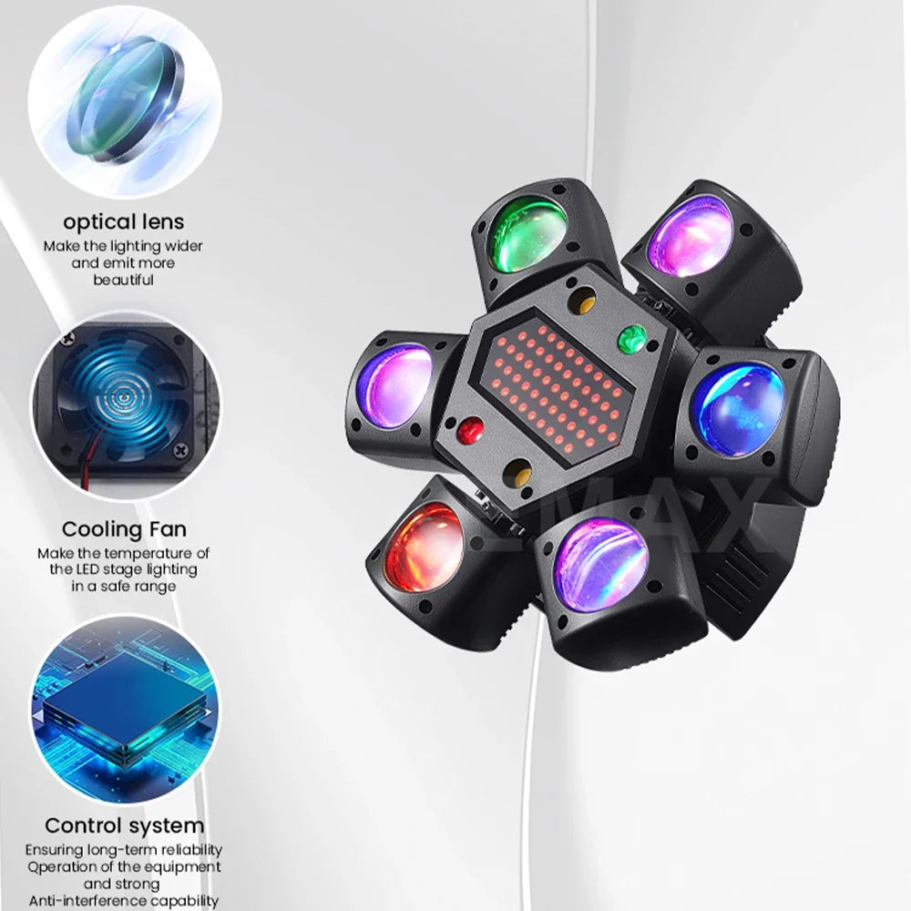 80W Disco Moving Head Light - 6-Arm Beam Strobe DJ Stage Lighting with DMX512 Control