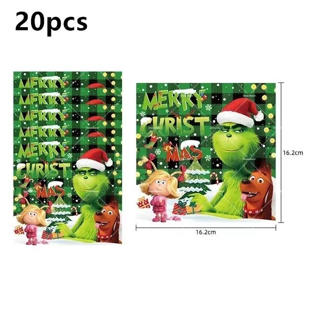 Grincs Christmas Party Balloon Decoration Set – Merry Xmas Banner Cake & Disposable Tableware Supplies Green Red