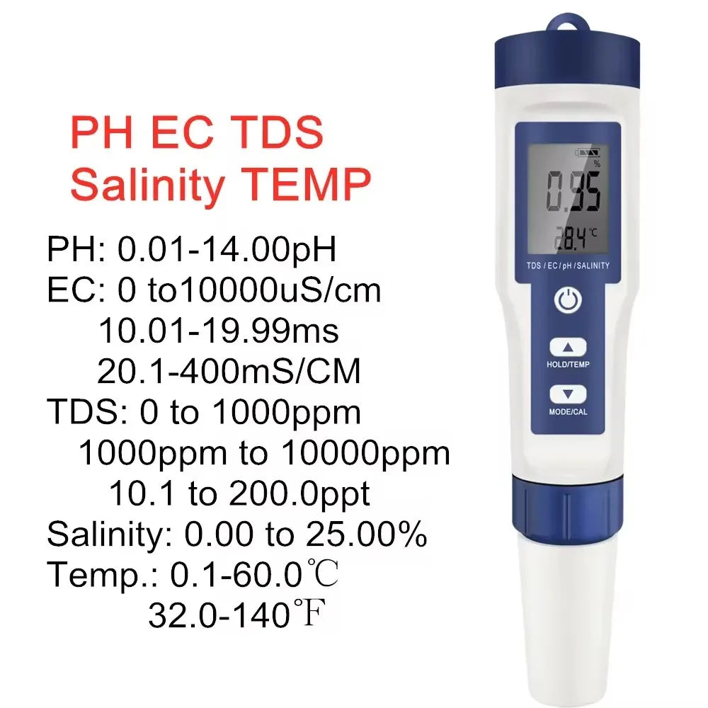 5 in 1 PH Meter Water Quality Tester - Digital TDS, EC, PH, Salinity & Temperature Meter for Pools & Aquariums with Backlight