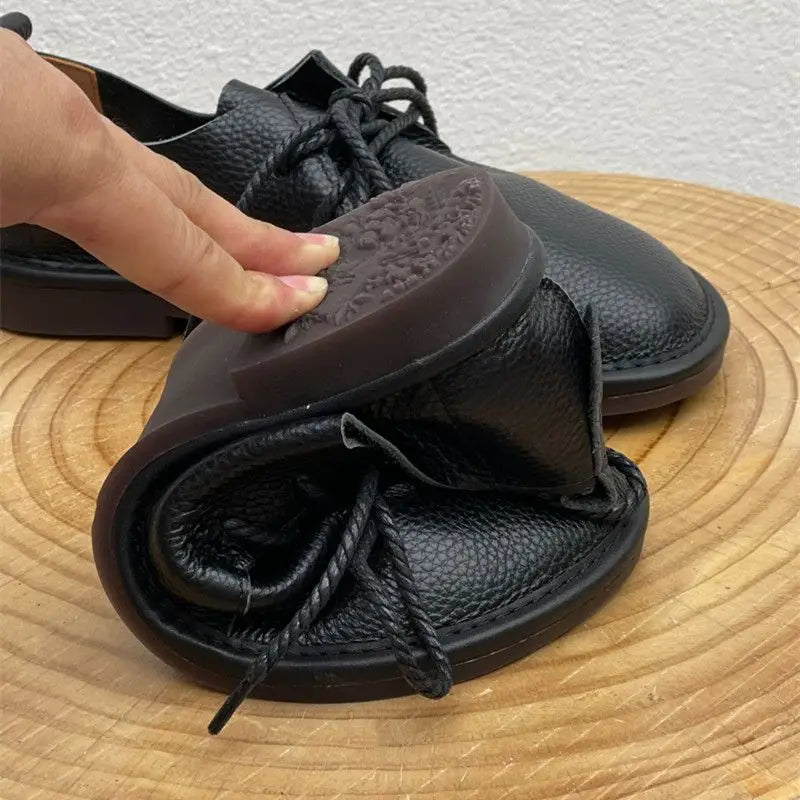Barefoot Retro Handmade Genuine Leather Women’s Shoes – Soft Sole Wide Toe Flat Casual Lace-Up Footwear, Size 43