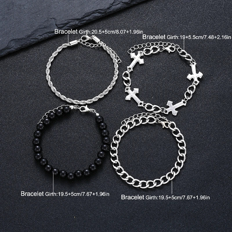 4-Piece Stainless Steel Bracelet Set - Punk Cross Bead Chain Bracelets for Men & Women