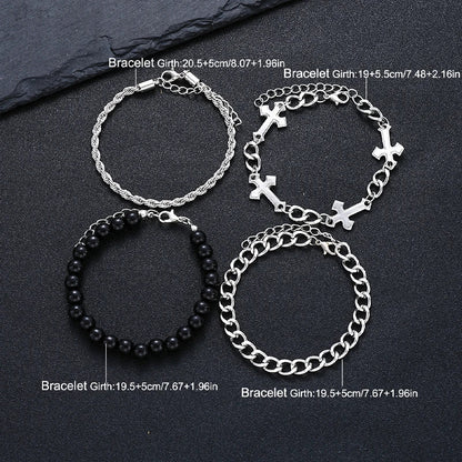 4-Piece Stainless Steel Bracelet Set - Punk Cross Bead Chain Bracelets for Men & Women
