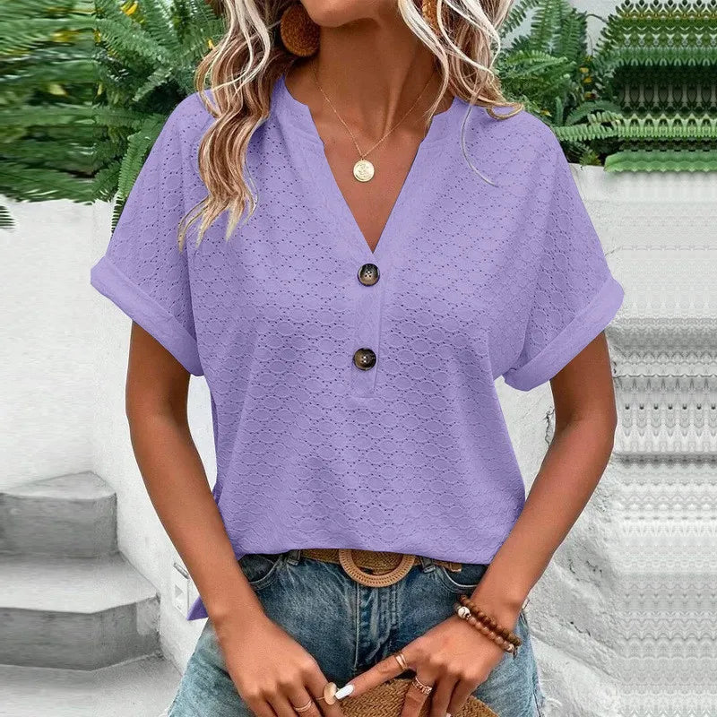 2023 Women's Jacquard V-Neck Blouse – Casual Button-Up, Loose Fit Short Sleeve Oversized Summer Shirt