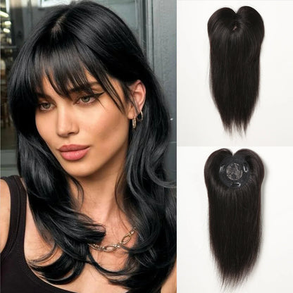 Brown Blonde Ombre Human Hair Toppers for Women – 10/12/14 Inches with Silk Base, Clips, and Bangs