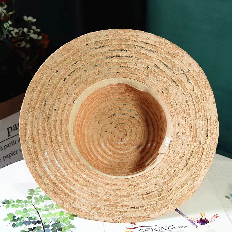 Women’s Elegant Mesh Sun Hat – Pearl Flower Foldable Beach Hat with Large Brim, Lace & Breathable Design for Spring and Summer