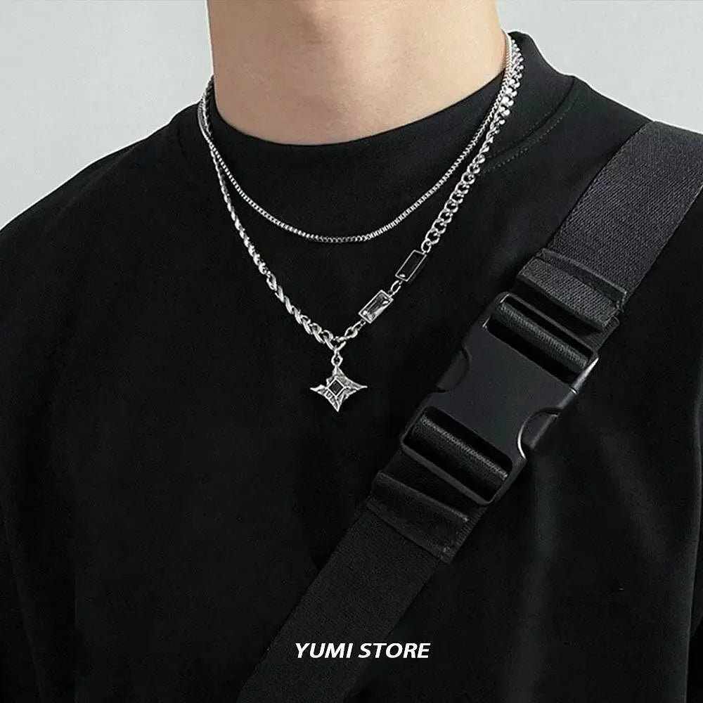 Hip Hop Zircon Star Double Layer Necklace - Titanium Steel Pendant Chain for Men & Women, Unisex Trendy Jewelry