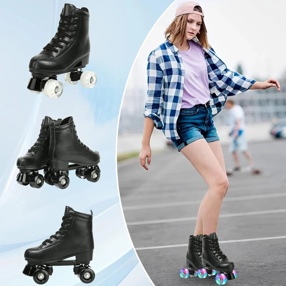PU Leather Roller Skates – Inline & Quad Skating Shoes, Flashing 4-Wheel Sneakers, Europe Size, Training & Fun