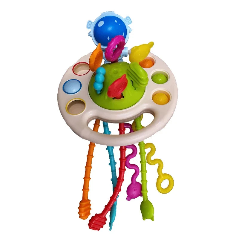 Baby Pull String Sensory Toy - Silicone Teething Rattle Montessori Learning Toy for 6-12 Months