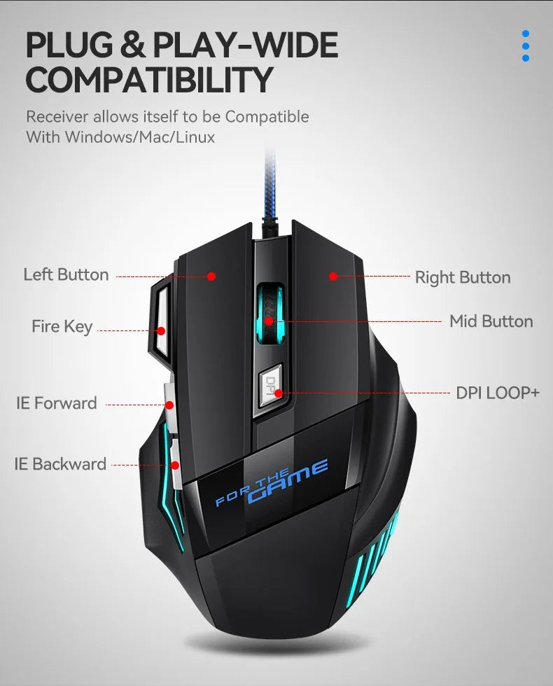 Hyperspeed USB Gaming Mouse | RGB Backlit Ergonomic 7D Wired Mouse for Laptop & PC Gamer
