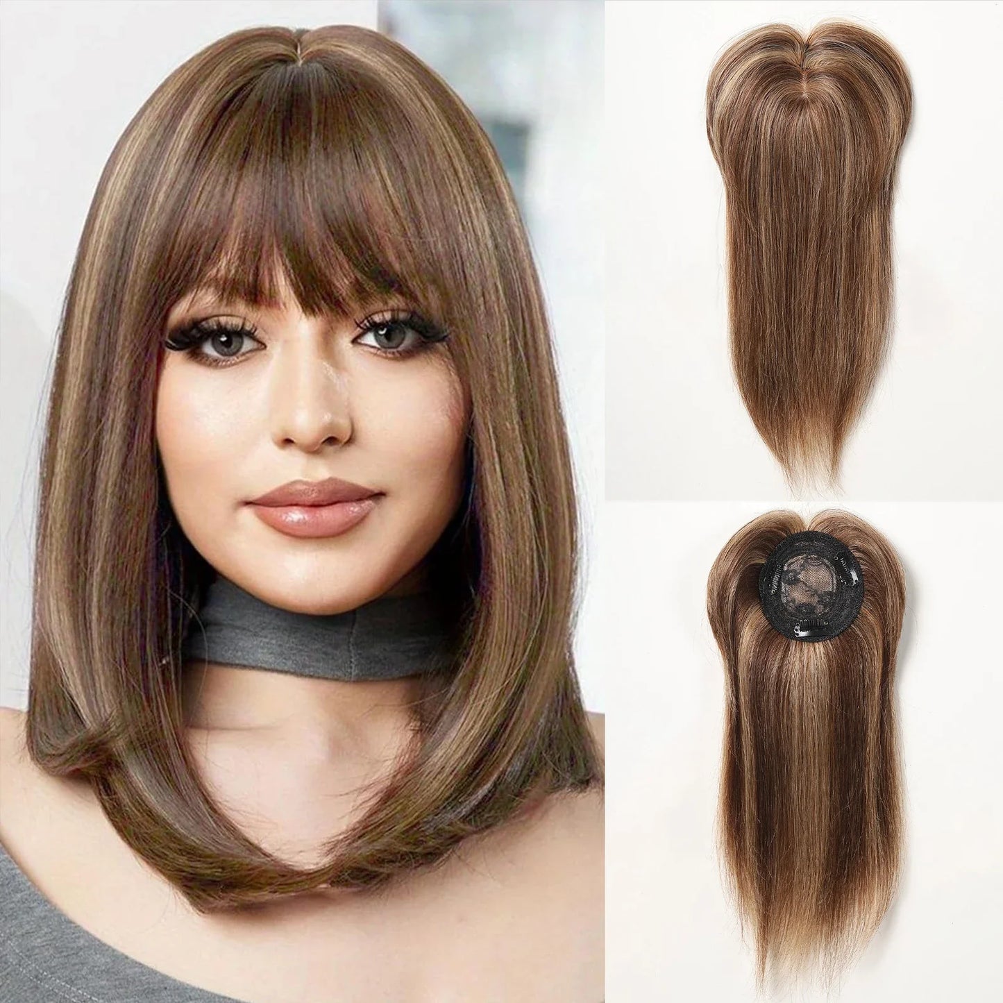 Brown Blonde Ombre Human Hair Toppers for Women – 10/12/14 Inches with Silk Base, Clips, and Bangs