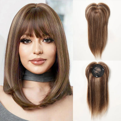 Brown Blonde Ombre Human Hair Toppers for Women – 10/12/14 Inches with Silk Base, Clips, and Bangs