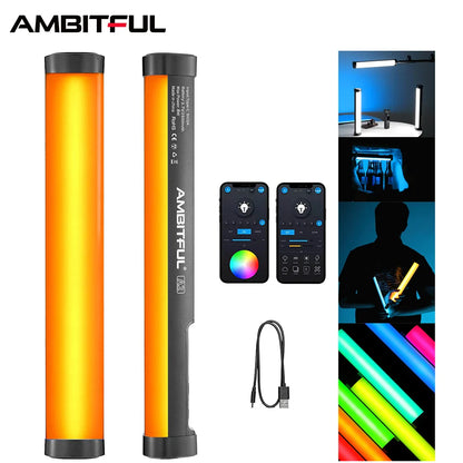 AMBITFUL A2 RGB LED Video Light Stick – 2500K-8500K Adjustable Tube Light with CRI 95+ TLCI 97, App Control, Magnetic Design & Built-in Battery
