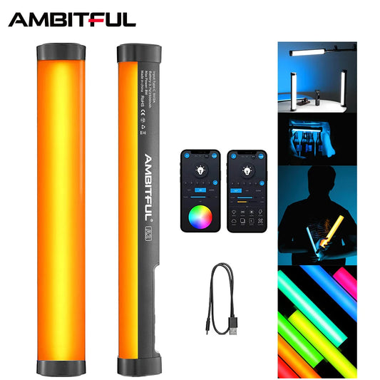 AMBITFUL A2 RGB LED Video Light Stick – 2500K-8500K Adjustable Tube Light with CRI 95+ TLCI 97, App Control, Magnetic Design & Built-in Battery