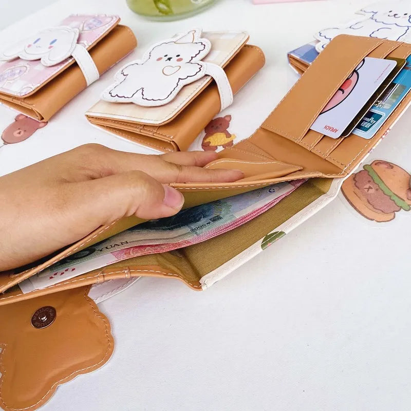 Cute Bear Women’s Wallet — Short Leather Coin Purse, Cartoon Card Holder, Three-Fold Clutch for Students