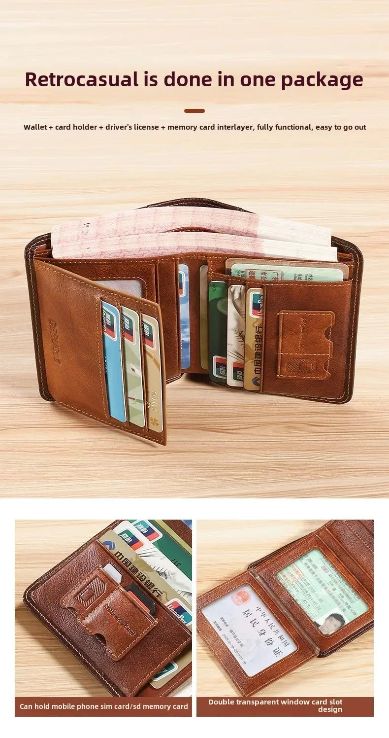 Genuine Leather Men’s Wallet – RFID Blocking Trifold, Vintage Thin ID & Credit Card Holder, Multi-Function Purse