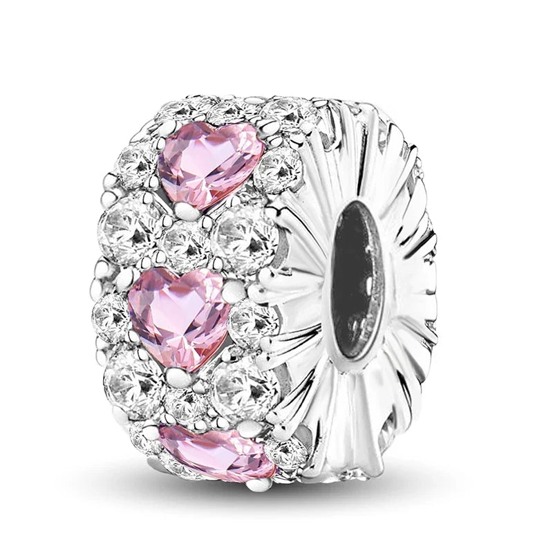925 Sterling Silver Pink Heart Charm - Zircon Love Pendant Bead for DIY Bracelets, Bangles & Women’s Jewelry