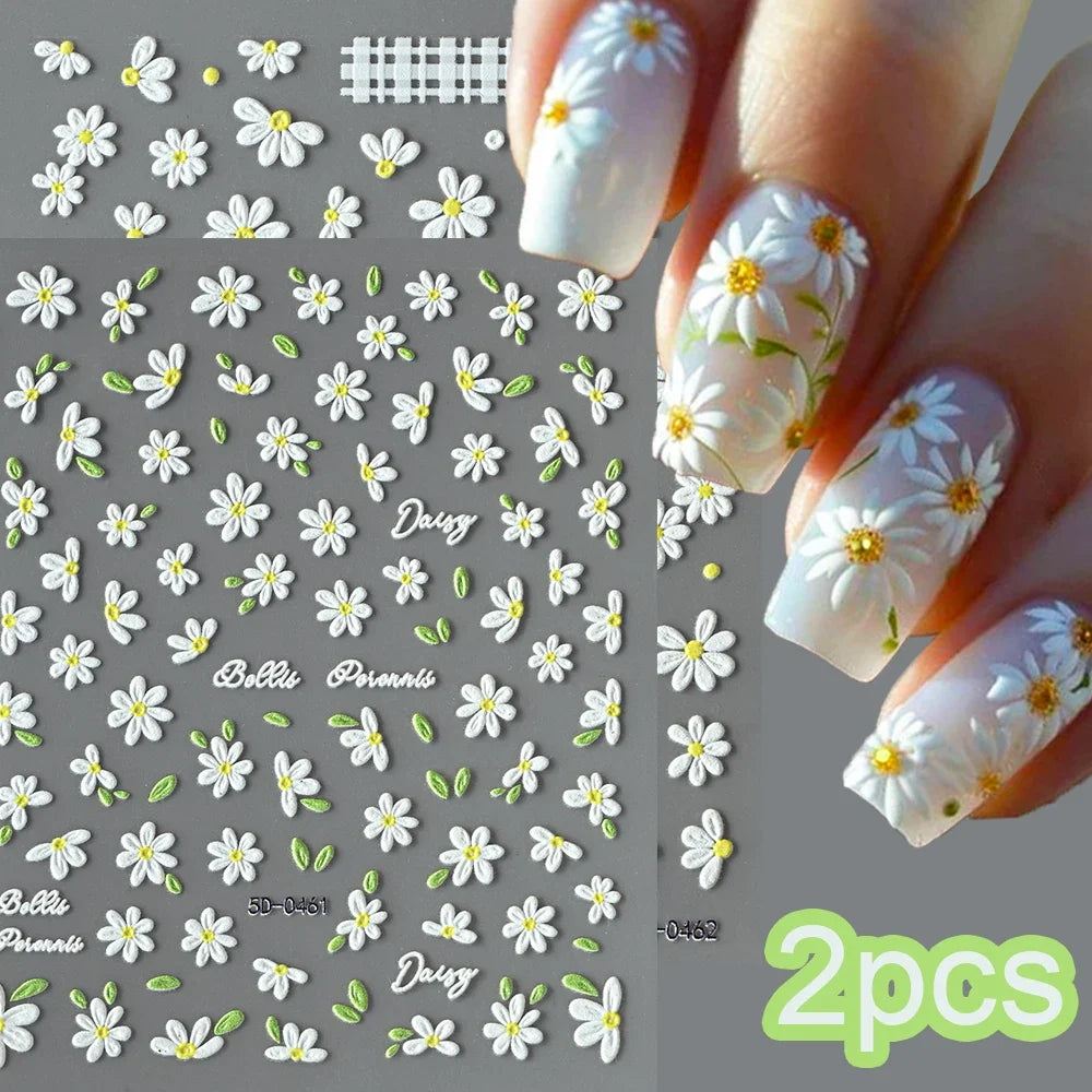 5D Daisy Nail Art Stickers - White Flower & Green Leaf Embossed Decals for DIY Spring Summer Nail Decoration