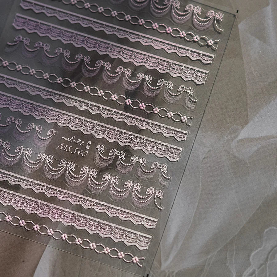 5D Black & White Lace Stripe Nail Art Stickers – Pearl Crystal Diamond Decorative DIY Manicure Design Stickers for Nails