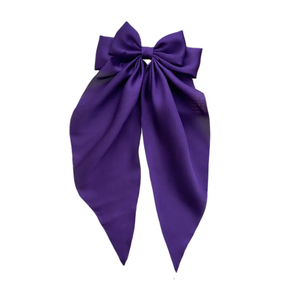 Ladies Satin Oversized Ribbon Bow Hair Clip – White, Pink, Red, Blue, Black, Long Tail Spring Clip for Ponytail Hair Accessories