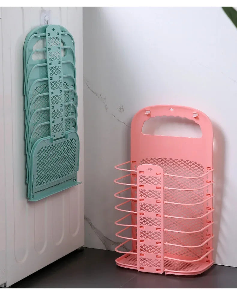 Foldable Plastic Laundry Basket – Wall-Mounted Non-Perforated Clothes Storage for Bathroom