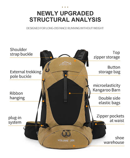 35L Mountaineering Backpack - Waterproof Outdoor Sports Bag for Men & Women, Camping & Hiking Rain Gear