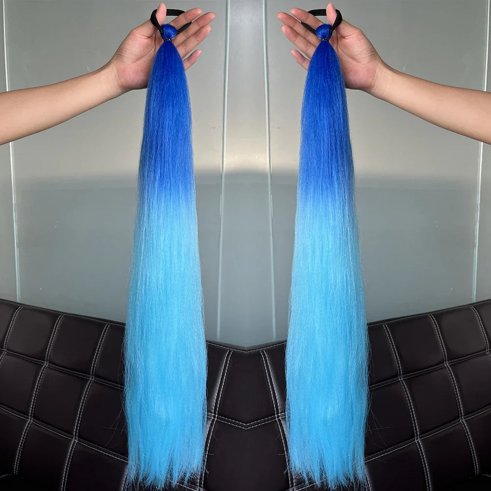 Synthetic Colorful Ponytail Extensions – Long Straight Braided Hairpieces with Rubber Band for Women