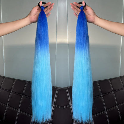 2PCS Synthetic Straight Ponytail Hair Extensions – Colorful Braiding with Elastic Hair Tie for Women