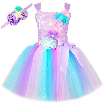 Princess Mermaid Dress for Girls - Pastel Floral Tutu Party & Halloween Costume Dress