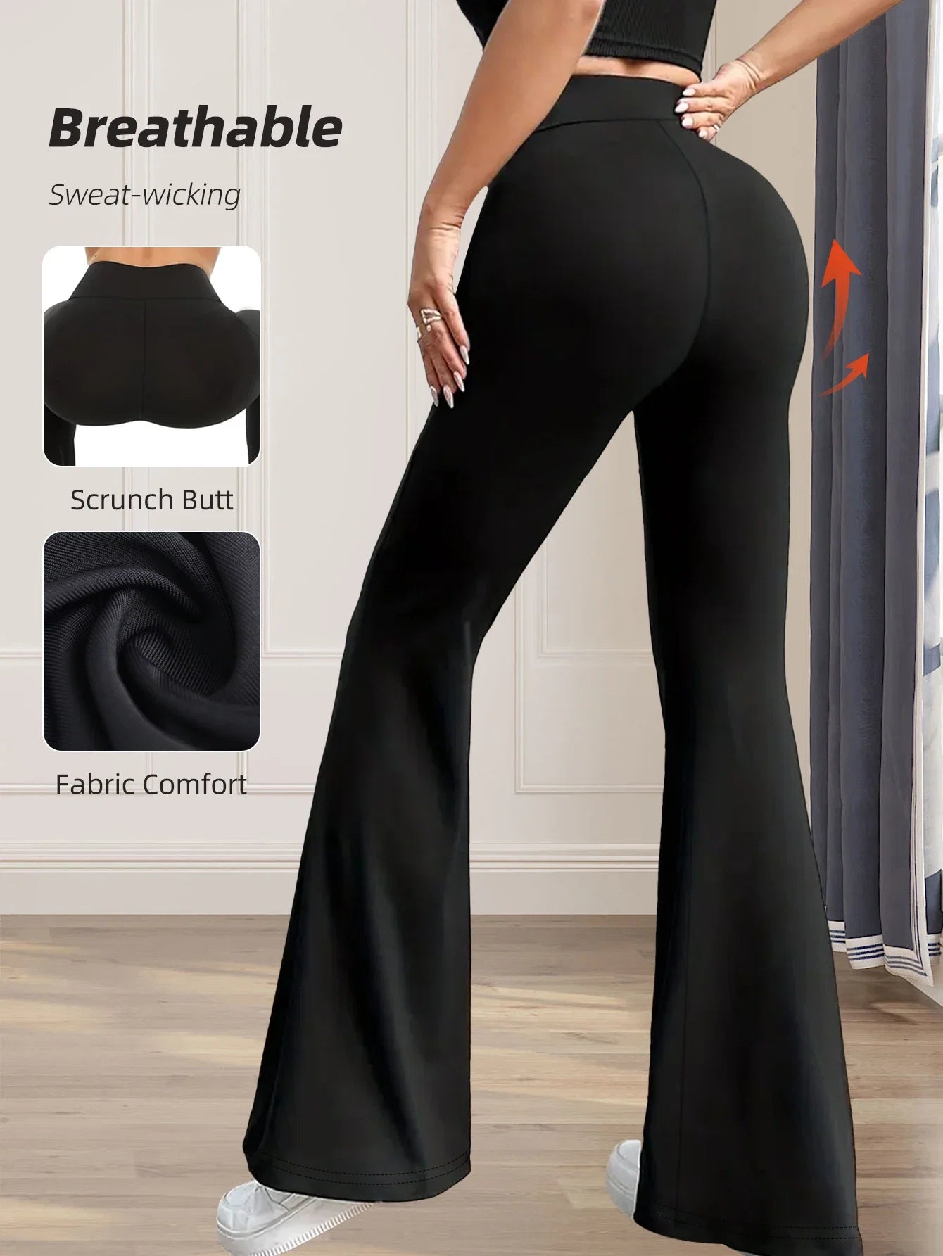 Women's High-Waisted Flared Pants - Slim-Fit Lightweight Wide-Leg Black Trousers