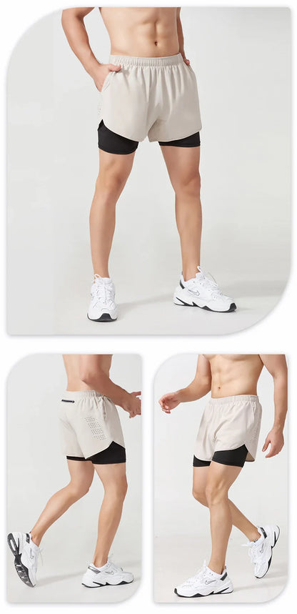 Men’s Quick-Dry Running Shorts — Black Double Layer Sport Workout Training Bodybuilding Shorts