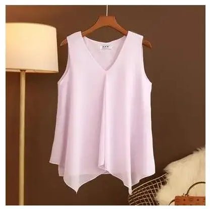 Women's Chiffon V Neck Blouse - Loose Sleeveless Plus Size Fashion Top M-5XL