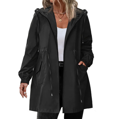 Women’s Hooded Trench Coat - Long Sleeve Mid-Length Windbreaker for Spring & Autumn