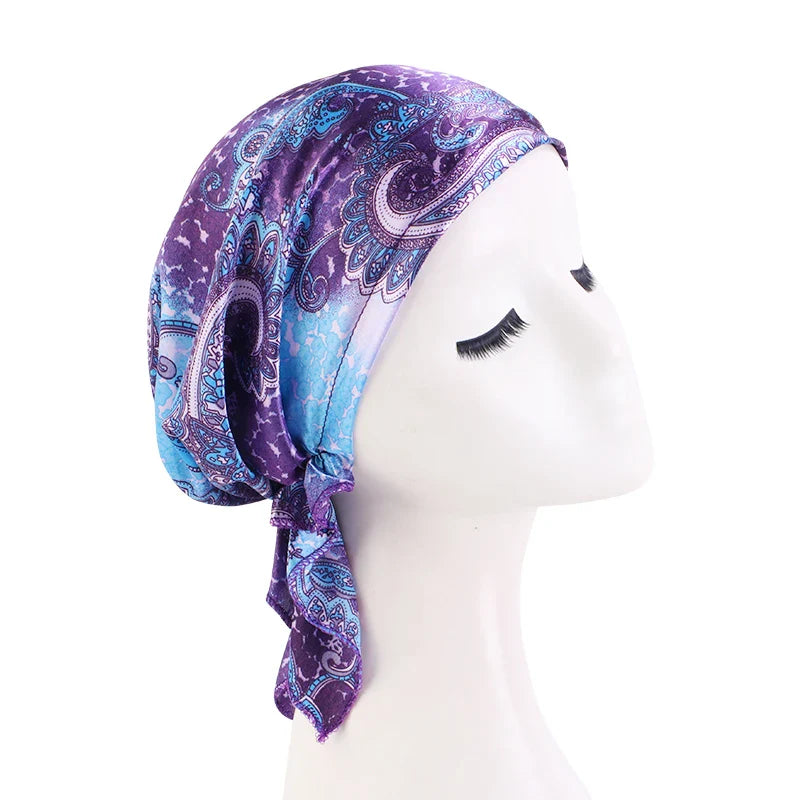 Women’s Satin Pre-Tied Turban – Paisley Pattern Muslim Headband & Chemo Hair Scarf Head Wrap Bandana
